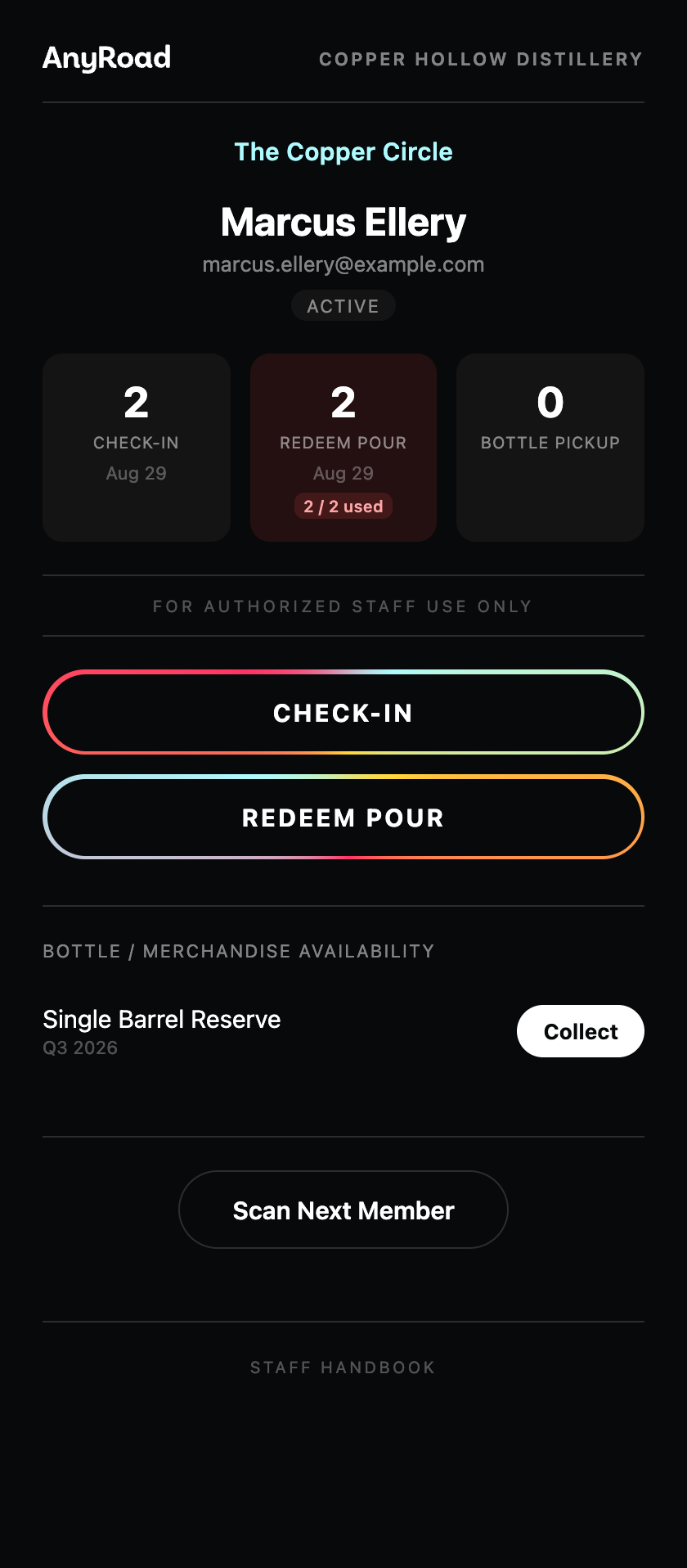 A member's screen showing their name, email, status, benefit counts, buttons and a bottle waiting.