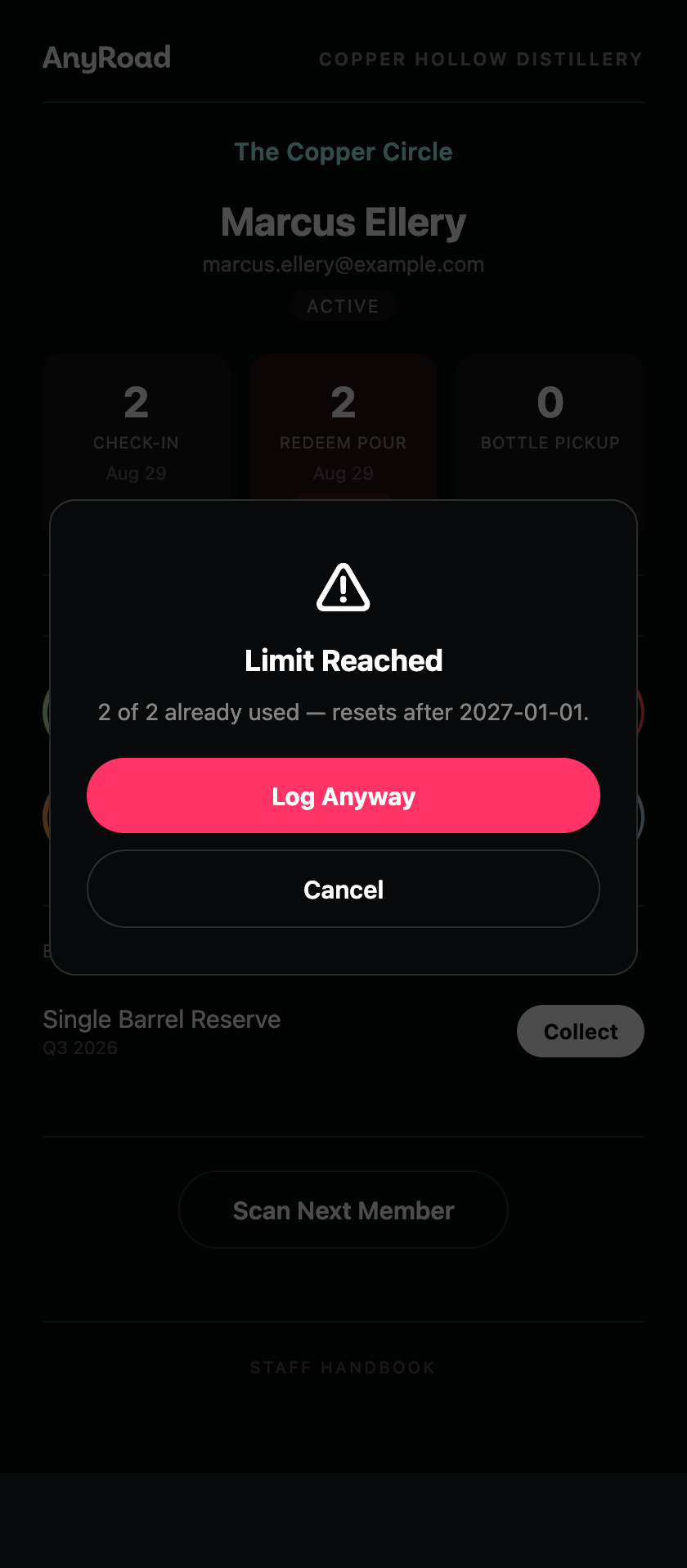 The limit warning, offering Log Anyway or Cancel.